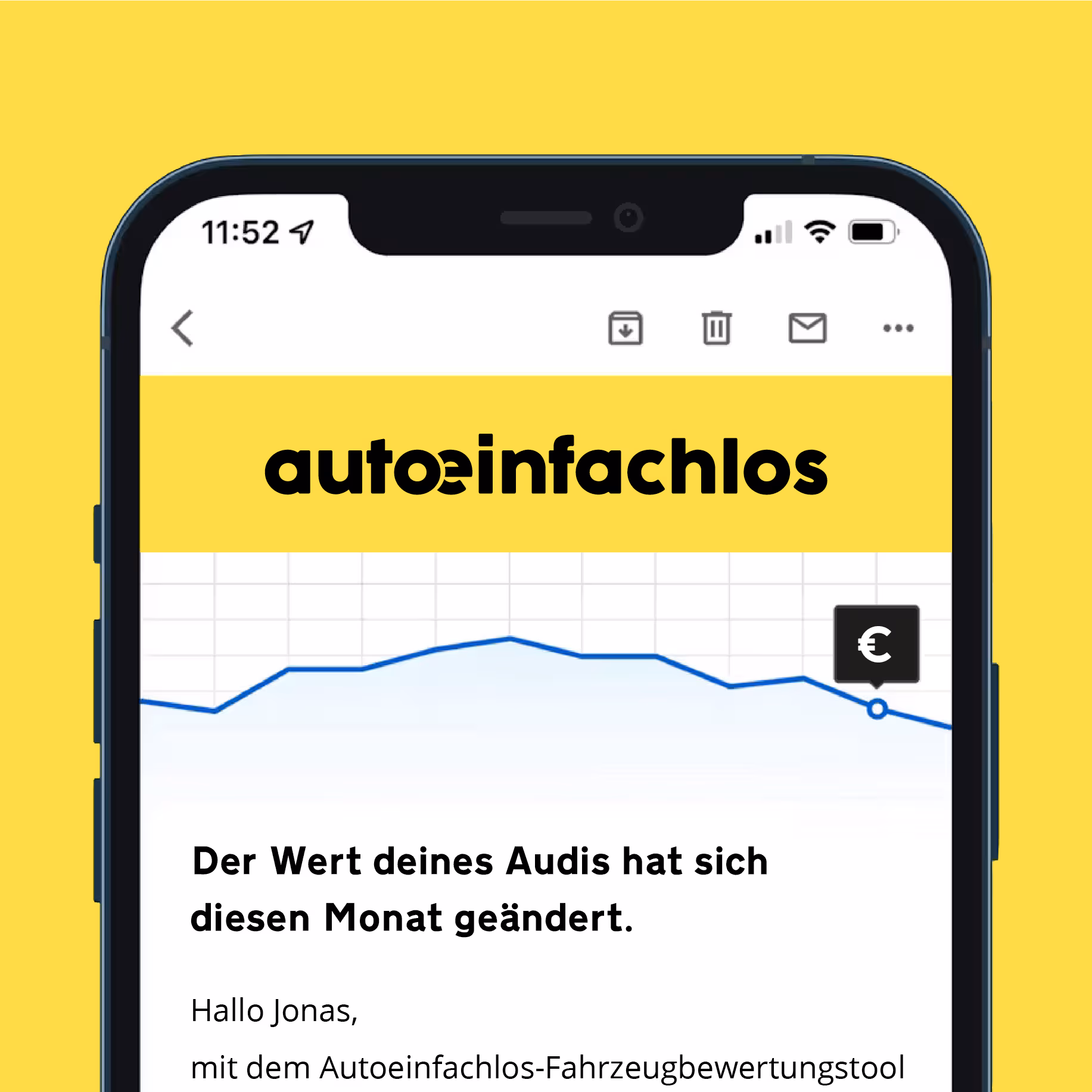 Screenshot einer E-Mail-Benachrichtigung von Autoeinfachlos zur monatlichen Auto Bewertung, um den Fahrzeugwert in Echtzeit zu verfolgen und den besten Verkaufszeitpunkt zu finden